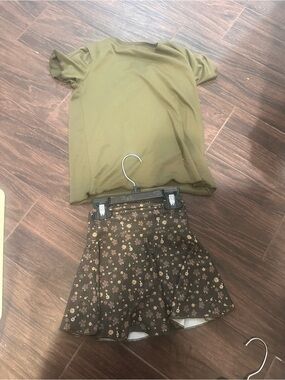 Kids Olive Green Tee & Brown Floral skort Set